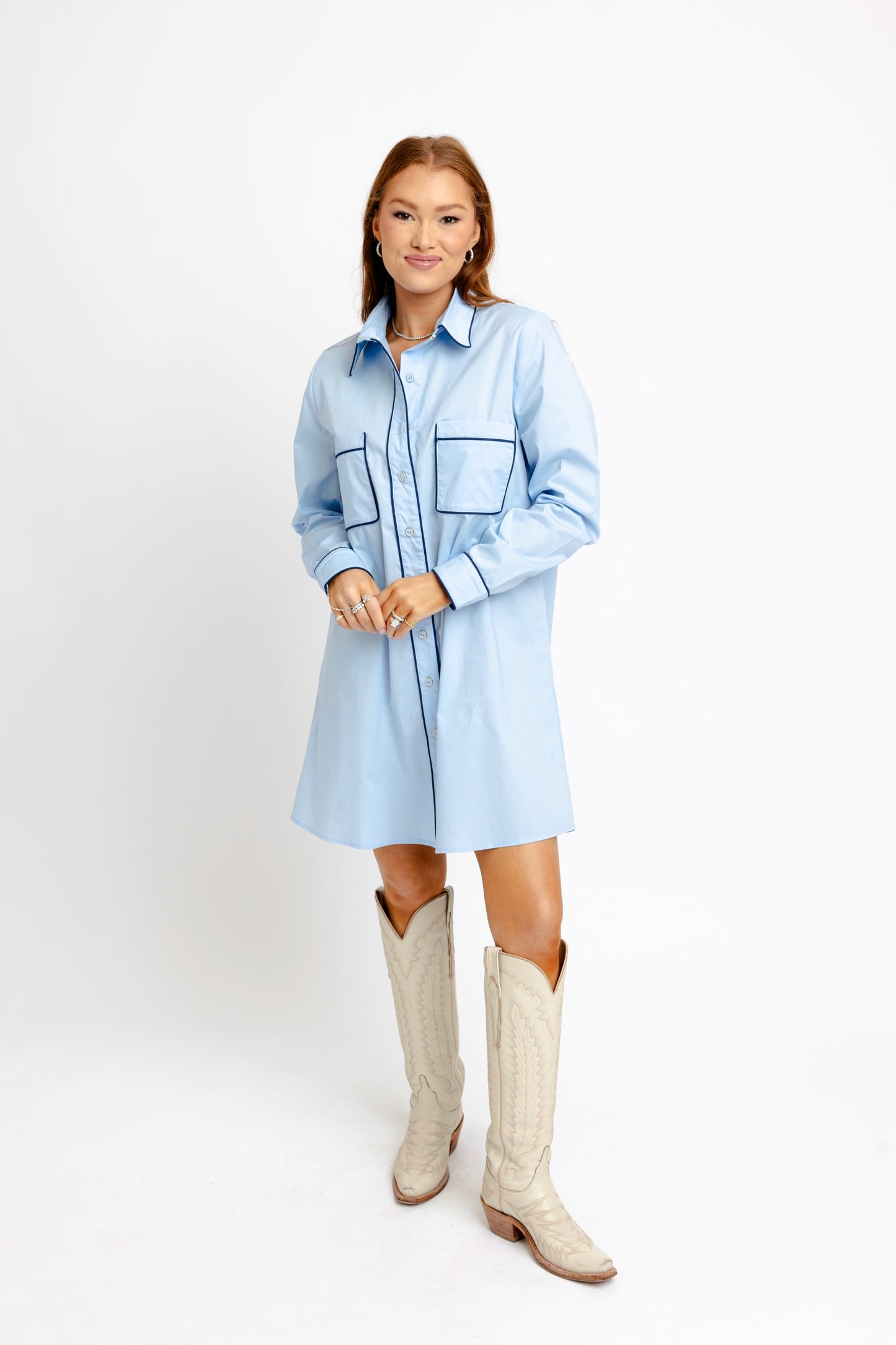 Karlie Poplin Pocket Shirt Dress in Blue