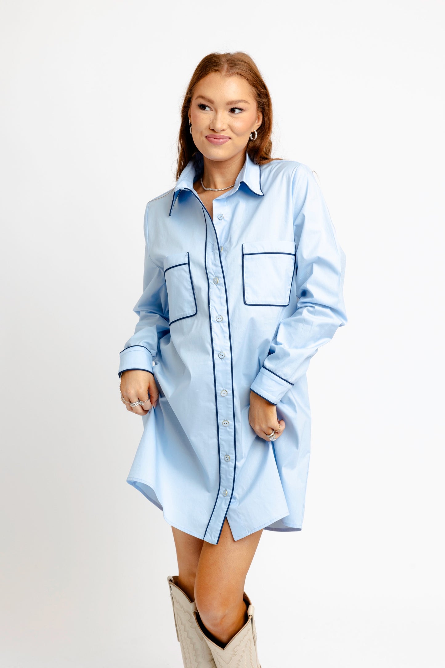 Karlie Poplin Pocket Shirt Dress in Blue
