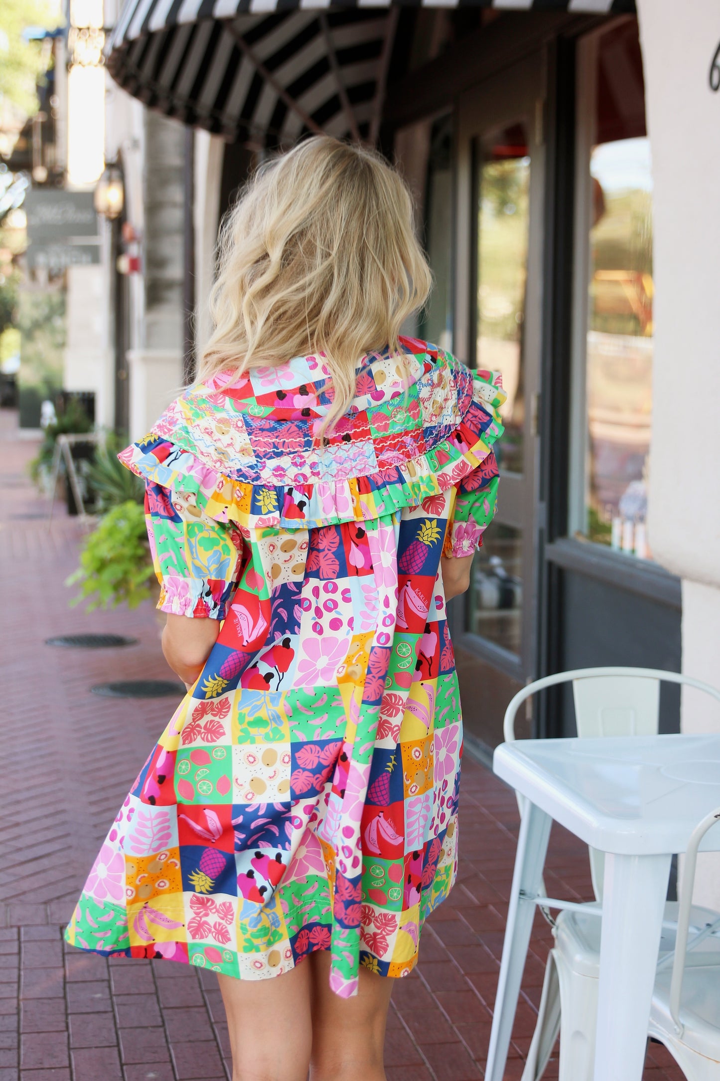 Karlie Peter Pan Collared Ruffled Front Dress in Fruit Quilt