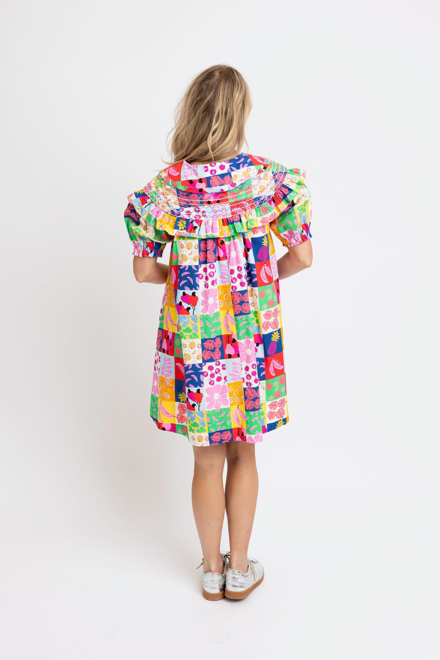 Karlie Peter Pan Collared Ruffled Front Dress in Fruit Quilt