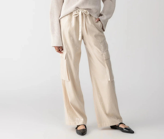 Sanctuary Pull-On Sequin Cargo Pants in Almond