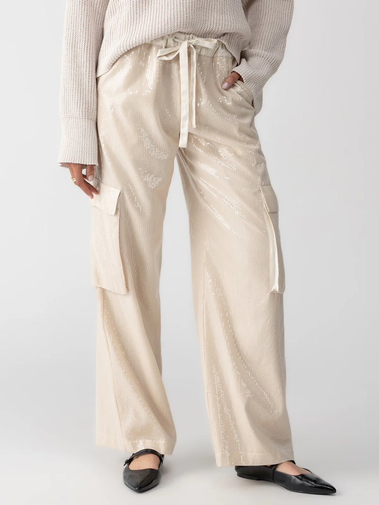 Sanctuary Pull-On Sequin Cargo Pants in Almond