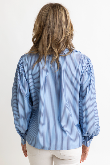 Karlie Striped Poplin Ruffle Crossover Buttondown in Blue