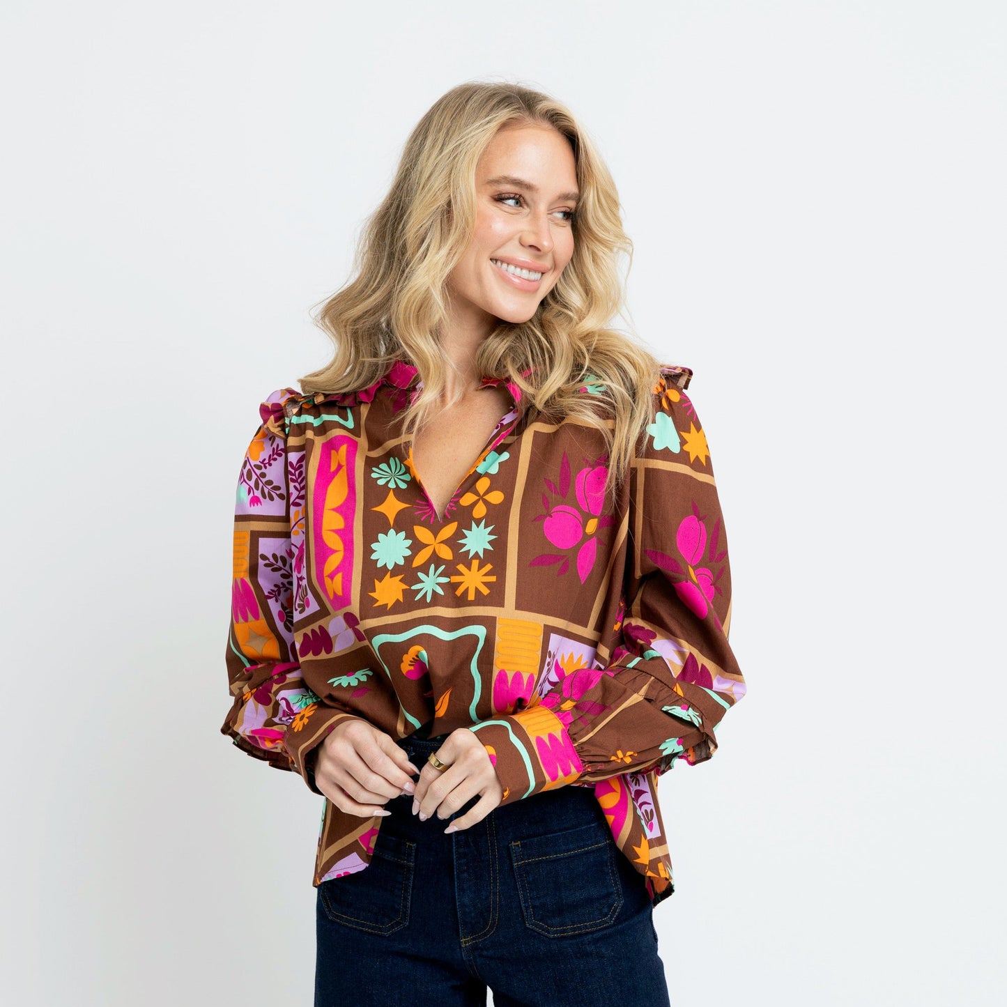 Karlie Ruffle V-Neck Top in Brown Floral