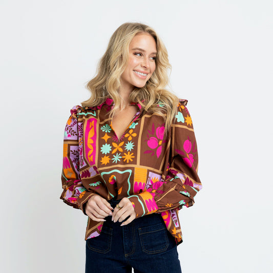 Karlie Ruffle V-Neck Top in Brown Floral