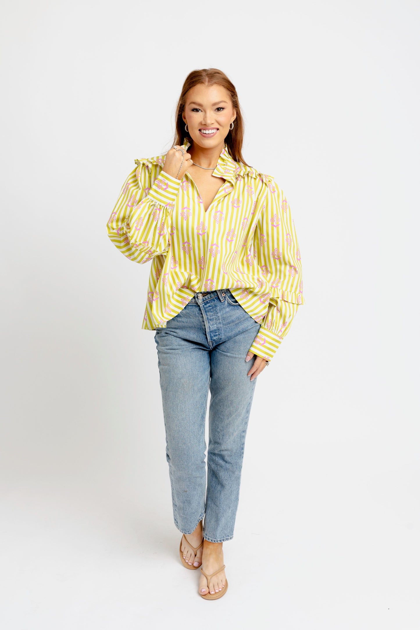 Poplin V-Neck Ruffled Neck Top in Striped Floral