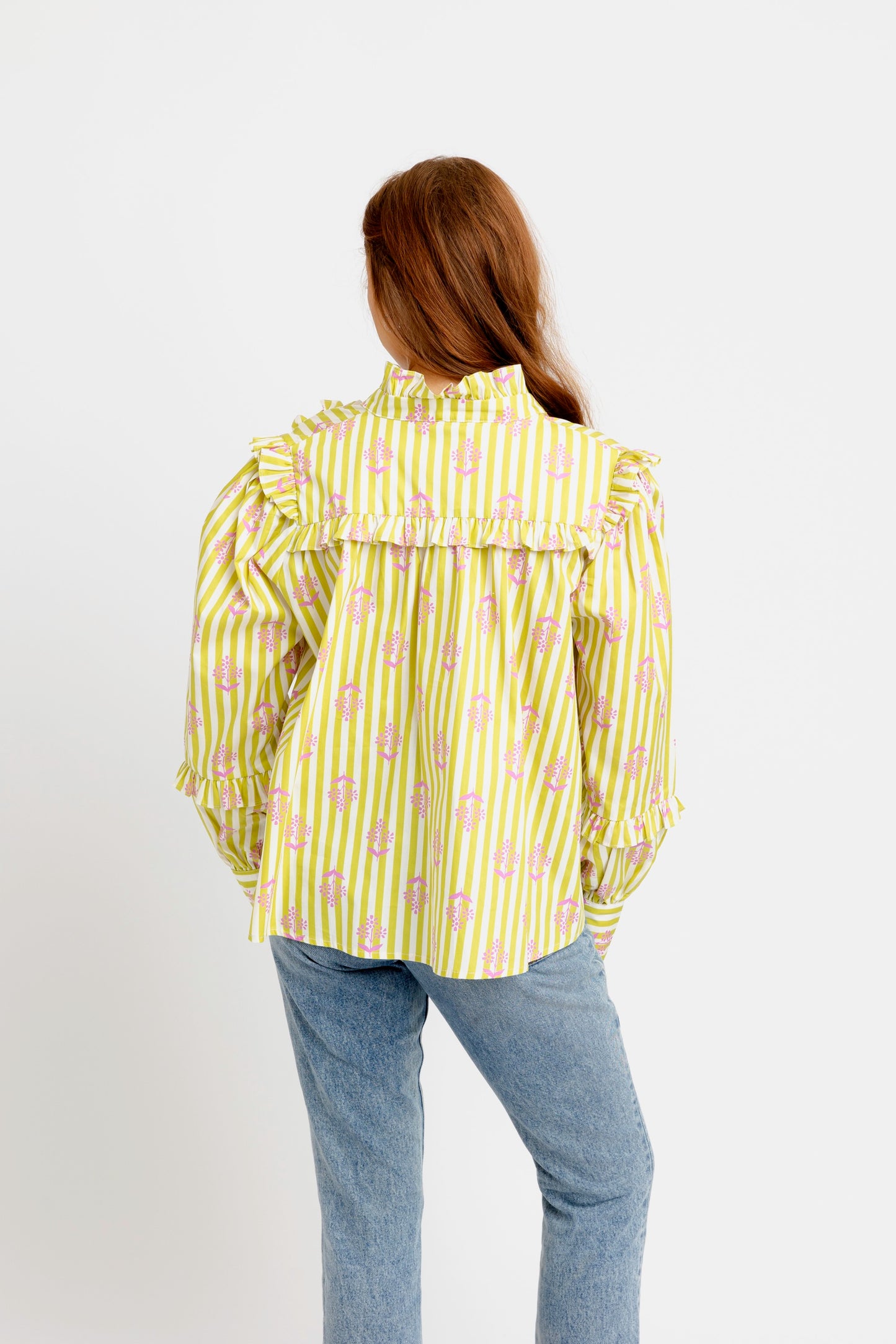 Poplin V-Neck Ruffled Neck Top in Striped Floral