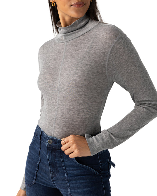 Sanctuary Mock Neck with Exposed Seams in Heathered Charcoal