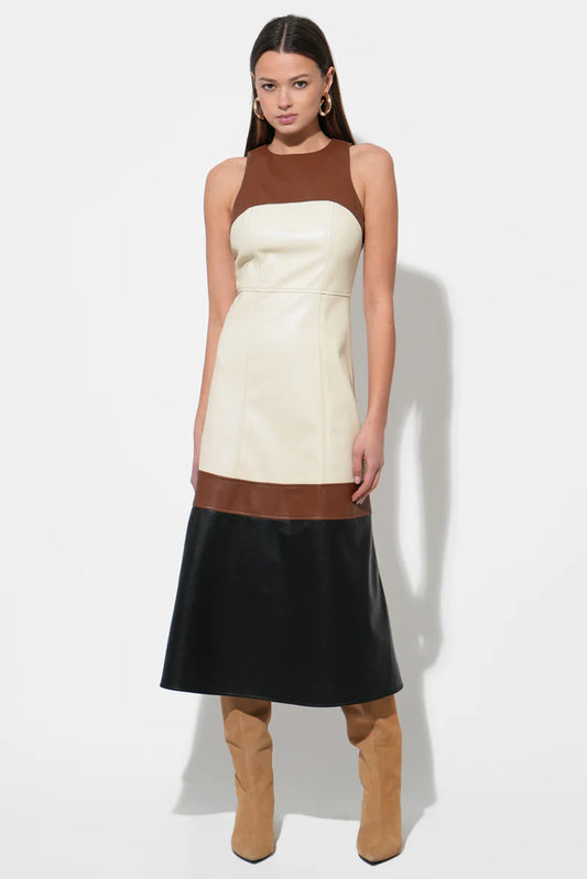 Adelyn Rae Caspia Vegan Leather Color Block Dress in Brown Multi