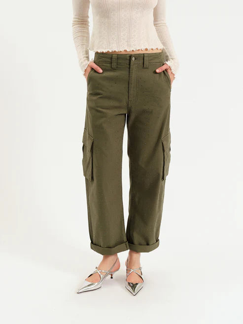 Daze Denim Squad Cargo Pants in Bronze Green Embellished