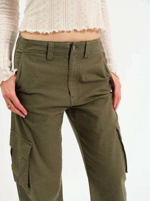 Daze Denim Squad Cargo Pants in Bronze Green Embellished