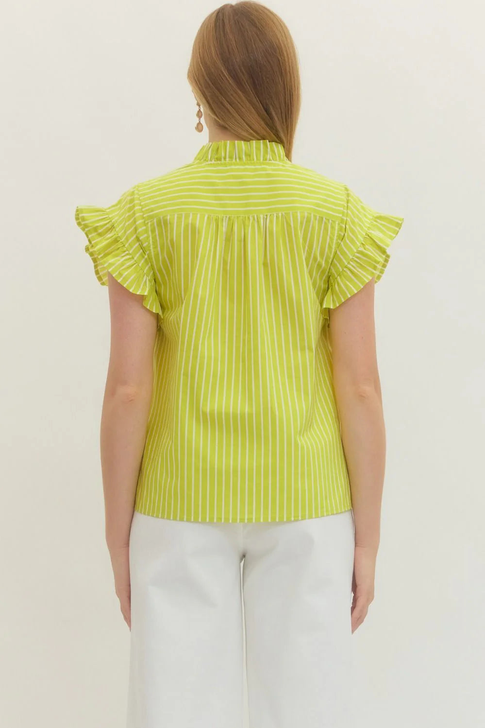 Ruffled Trimmed Striped Top in Lime
