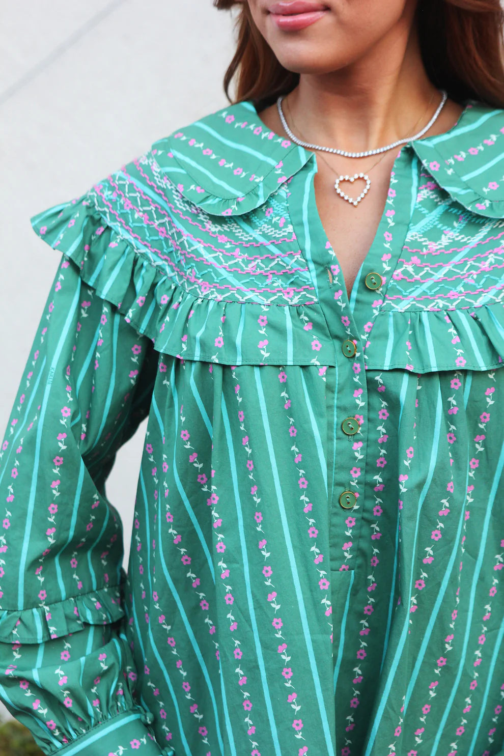 Karlie Floral Stripe Peter Pan Dress in Green