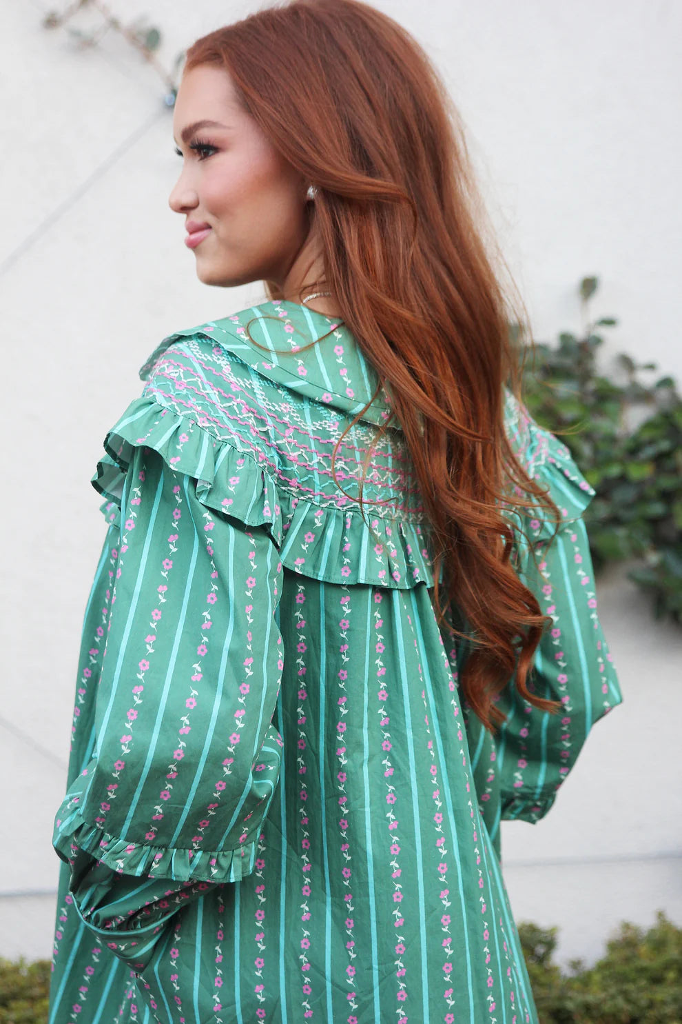 Karlie Floral Stripe Peter Pan Dress in Green