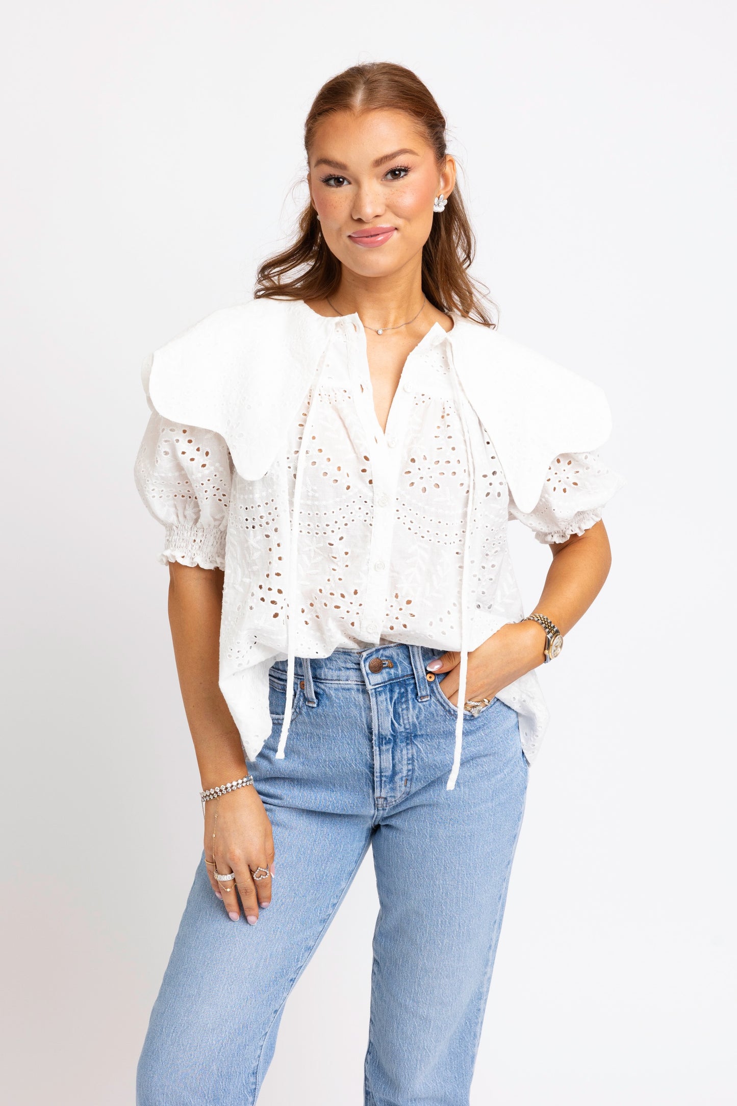 Karlie Peterpan Collar Eyelet Blouse in White