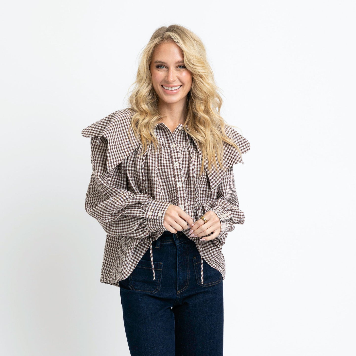 Karlie Peter Pan Collar Top in Brown Gingham
