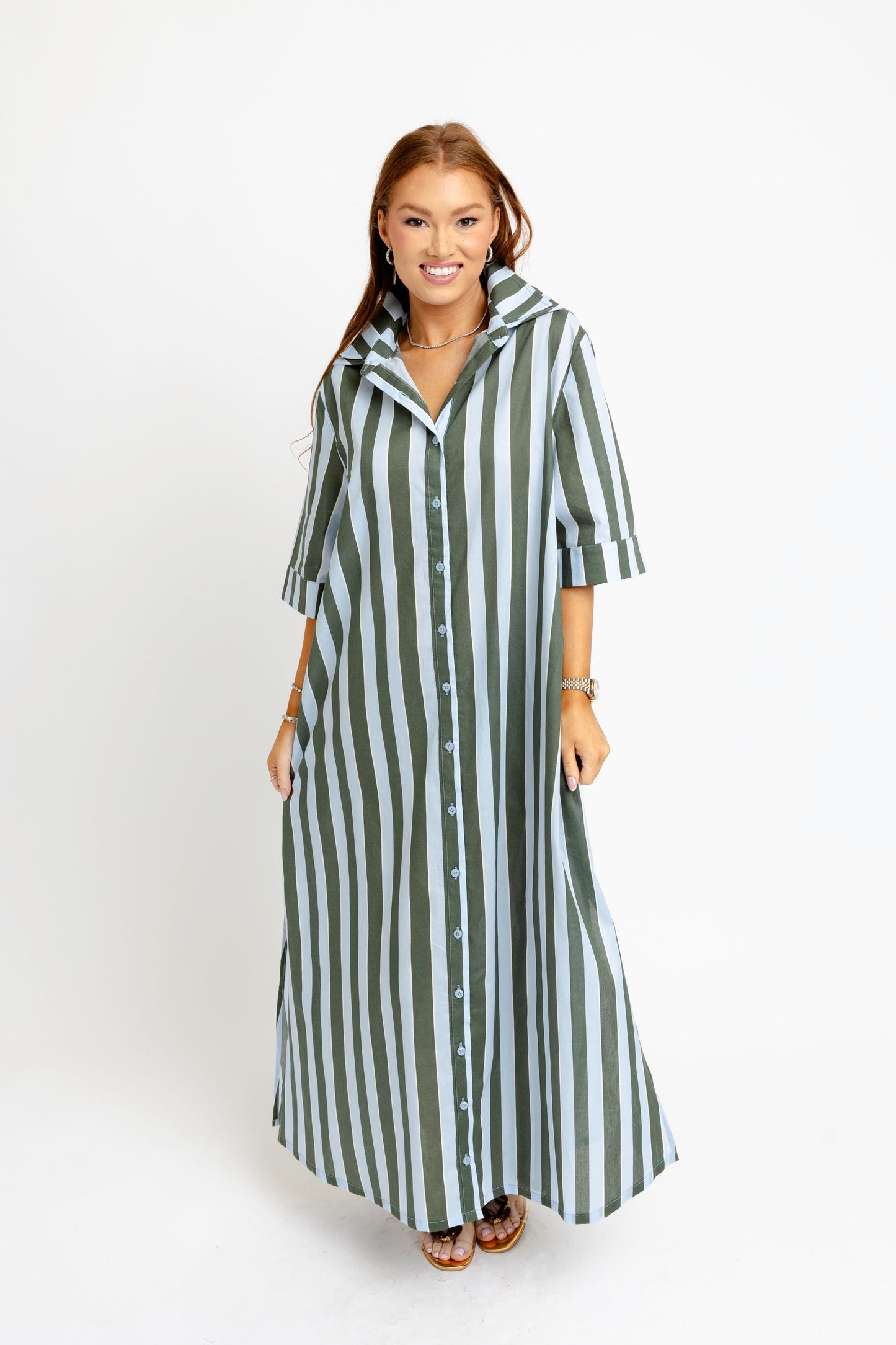 Karlie Maxi Shirt Dress in Bold Stripe Blue