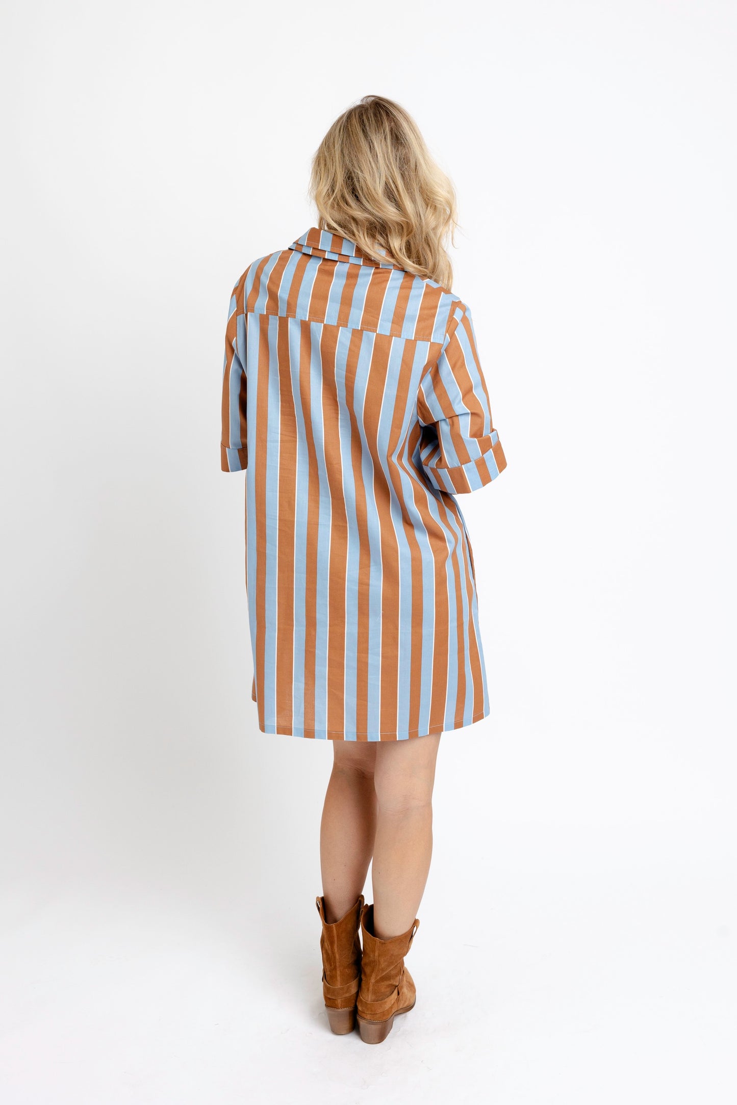 Karlie Double Collar Button Down Shirtdress in Chocolate and Blue