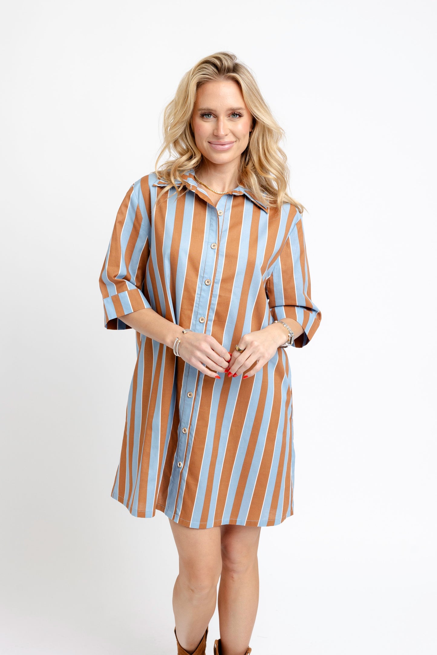 Karlie Double Collar Button Down Shirtdress in Chocolate and Blue