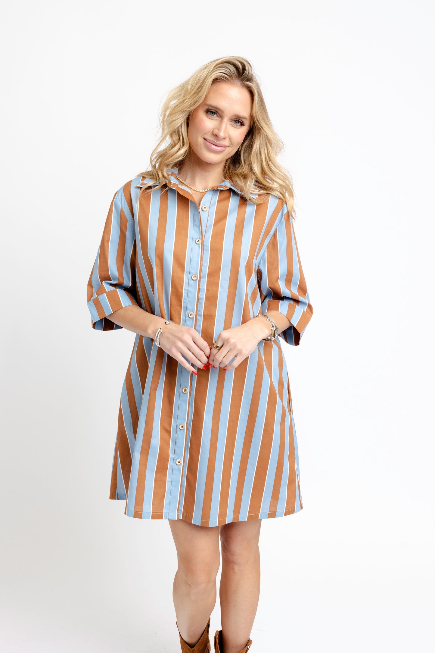 Karlie Double Collar Button Down Shirtdress in Chocolate and Blue