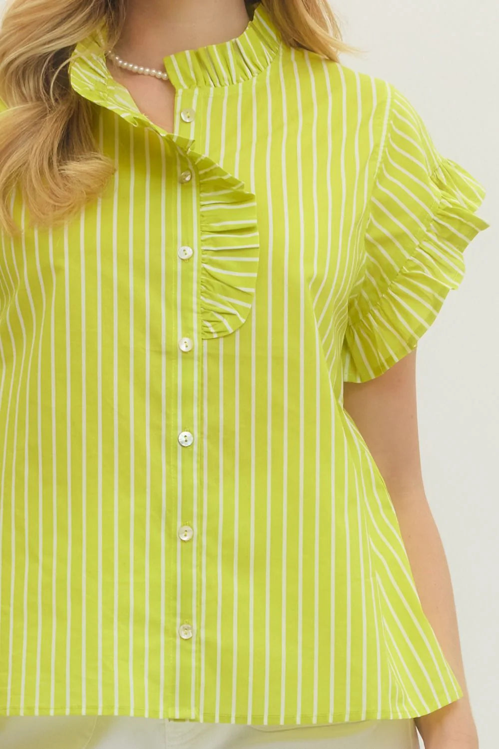 Ruffled Trimmed Striped Top in Lime