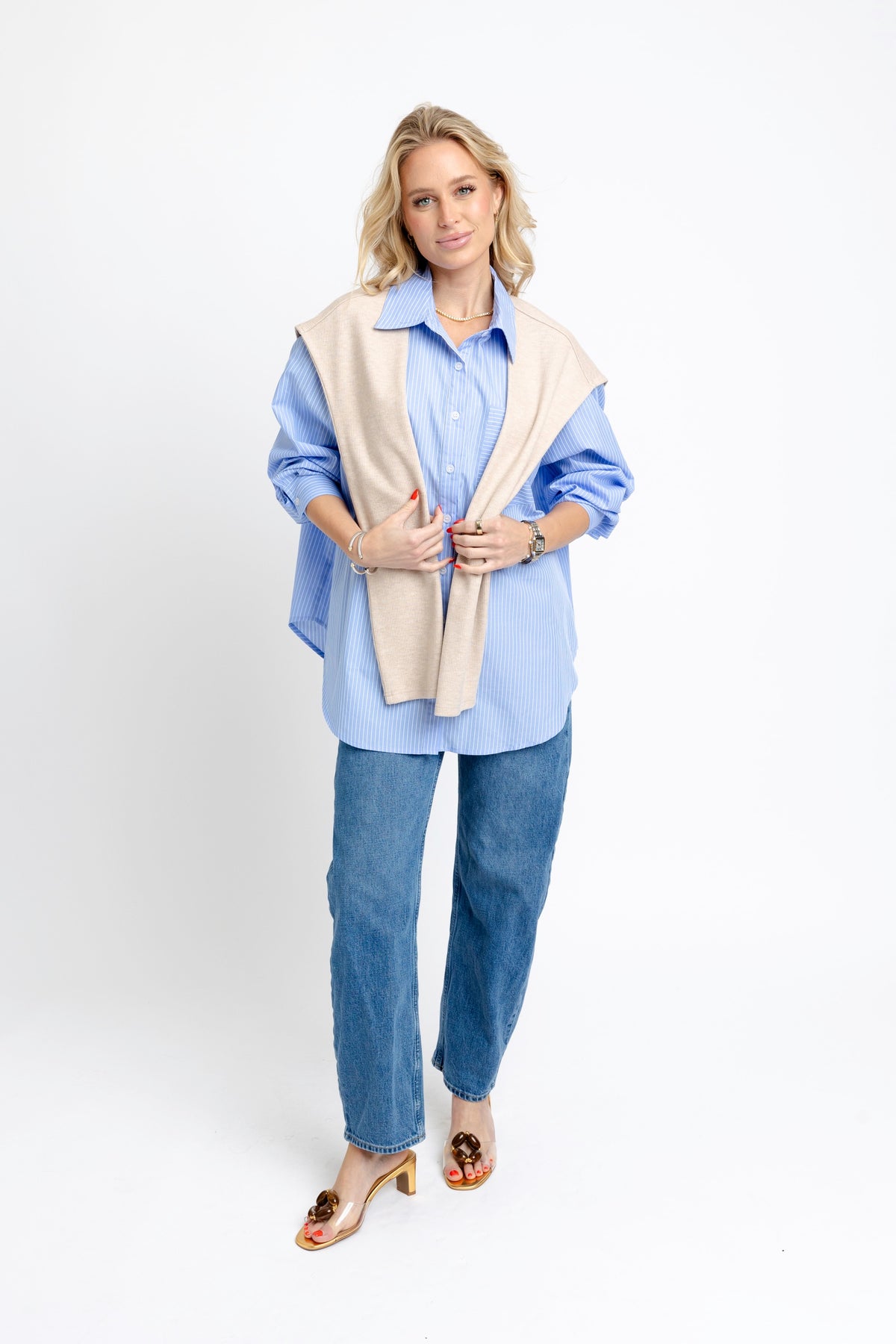 Karlie Hailey Striped Blue Buttondown with Attached Sweater