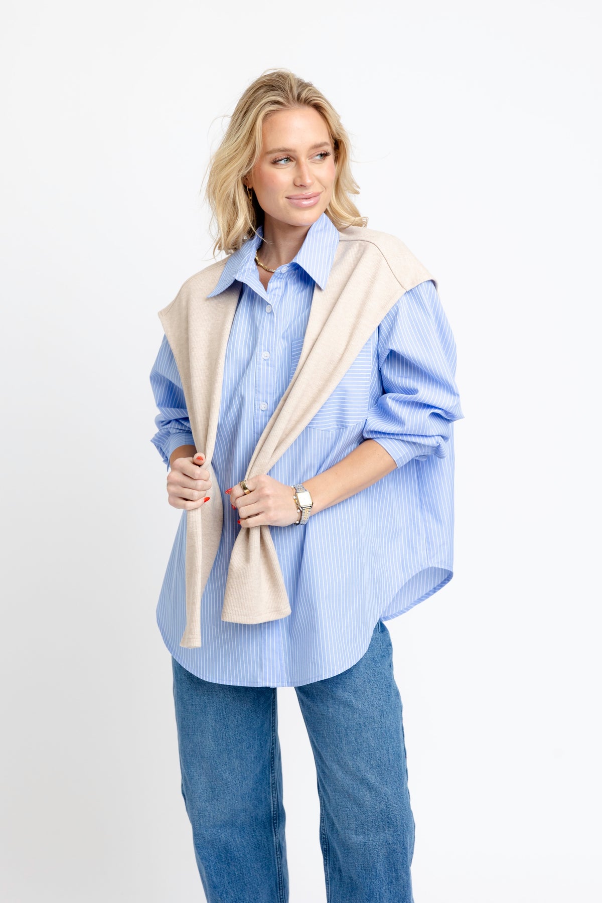 Karlie Hailey Striped Blue Buttondown with Attached Sweater