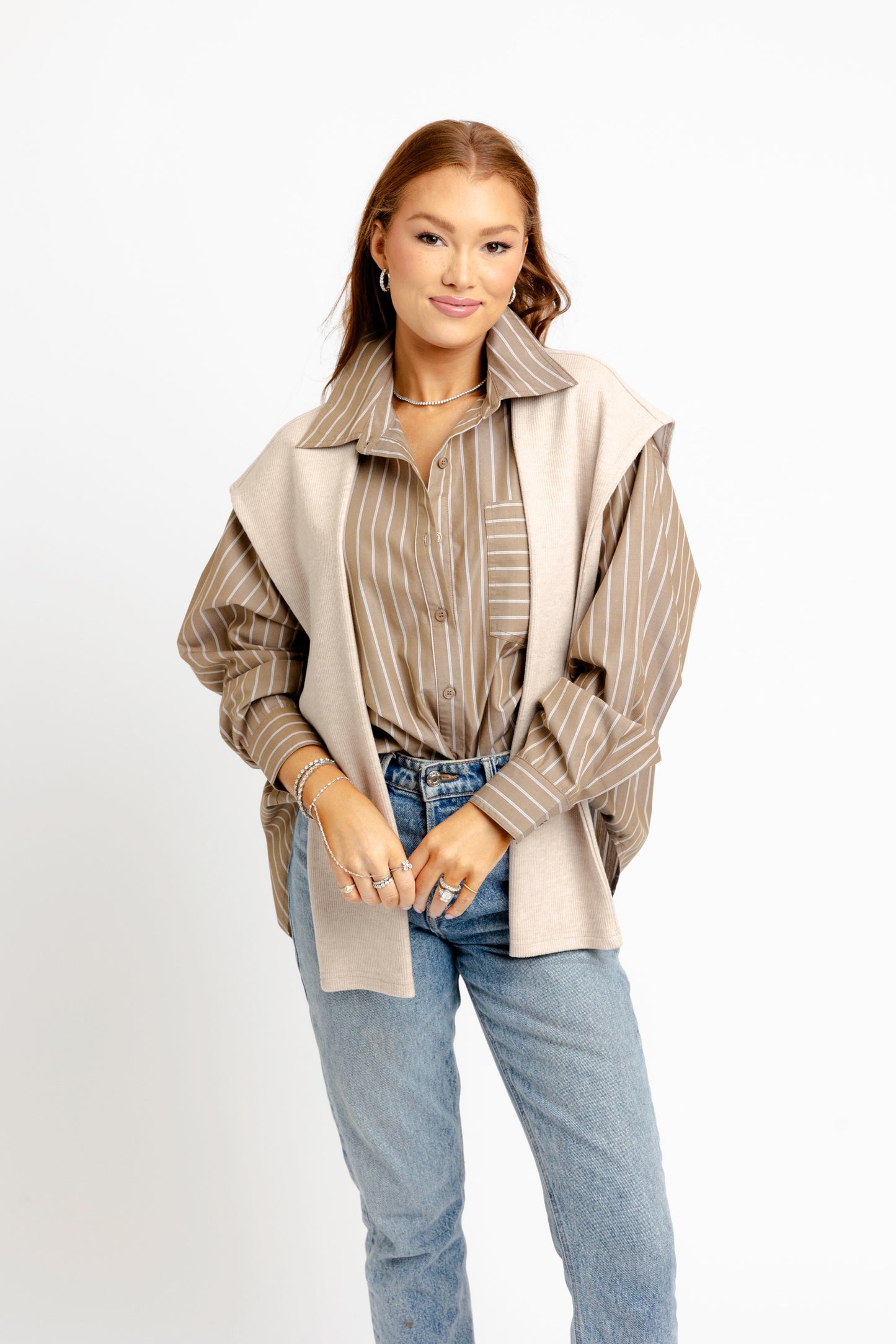 Karlie Striped Taupe Buttondown with Attached Sweater