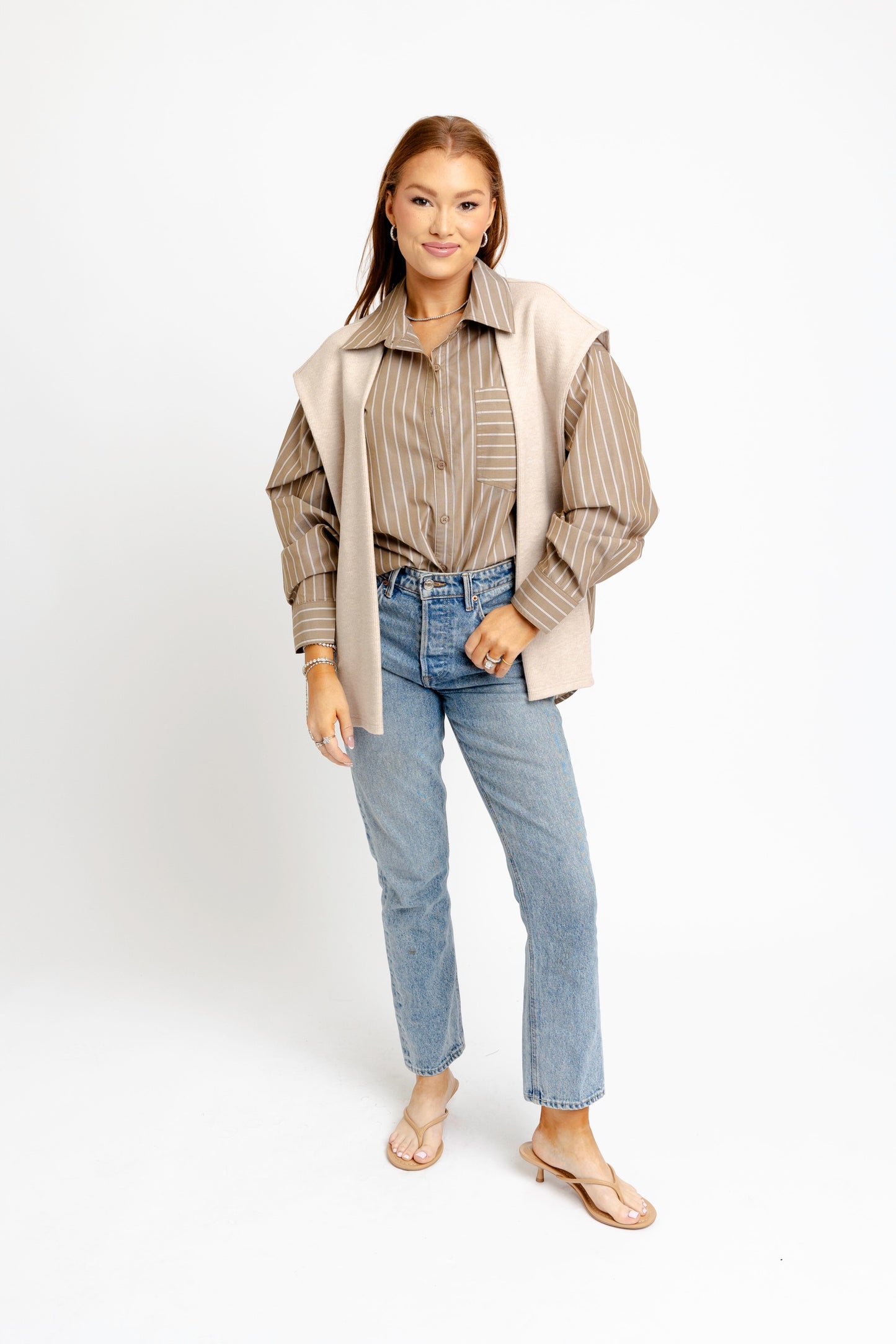 Karlie Striped Taupe Buttondown with Attached Sweater