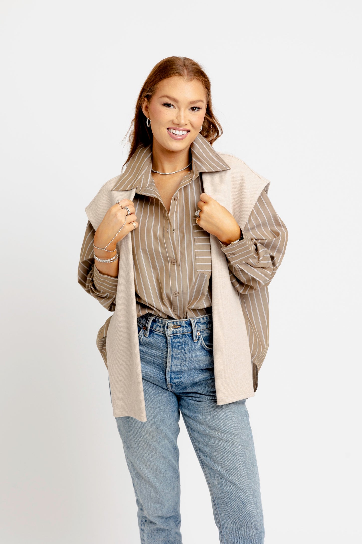 Karlie Striped Taupe Buttondown with Attached Sweater