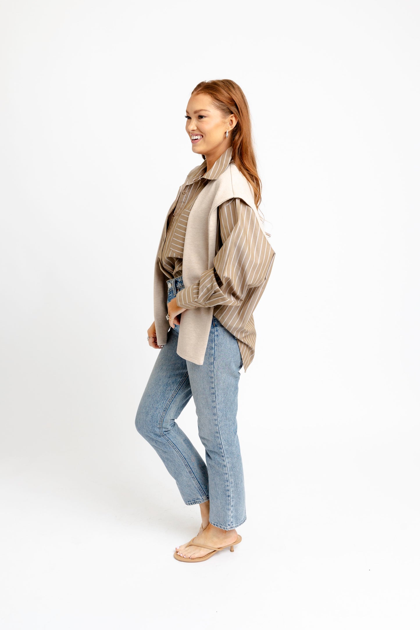 Karlie Striped Taupe Buttondown with Attached Sweater