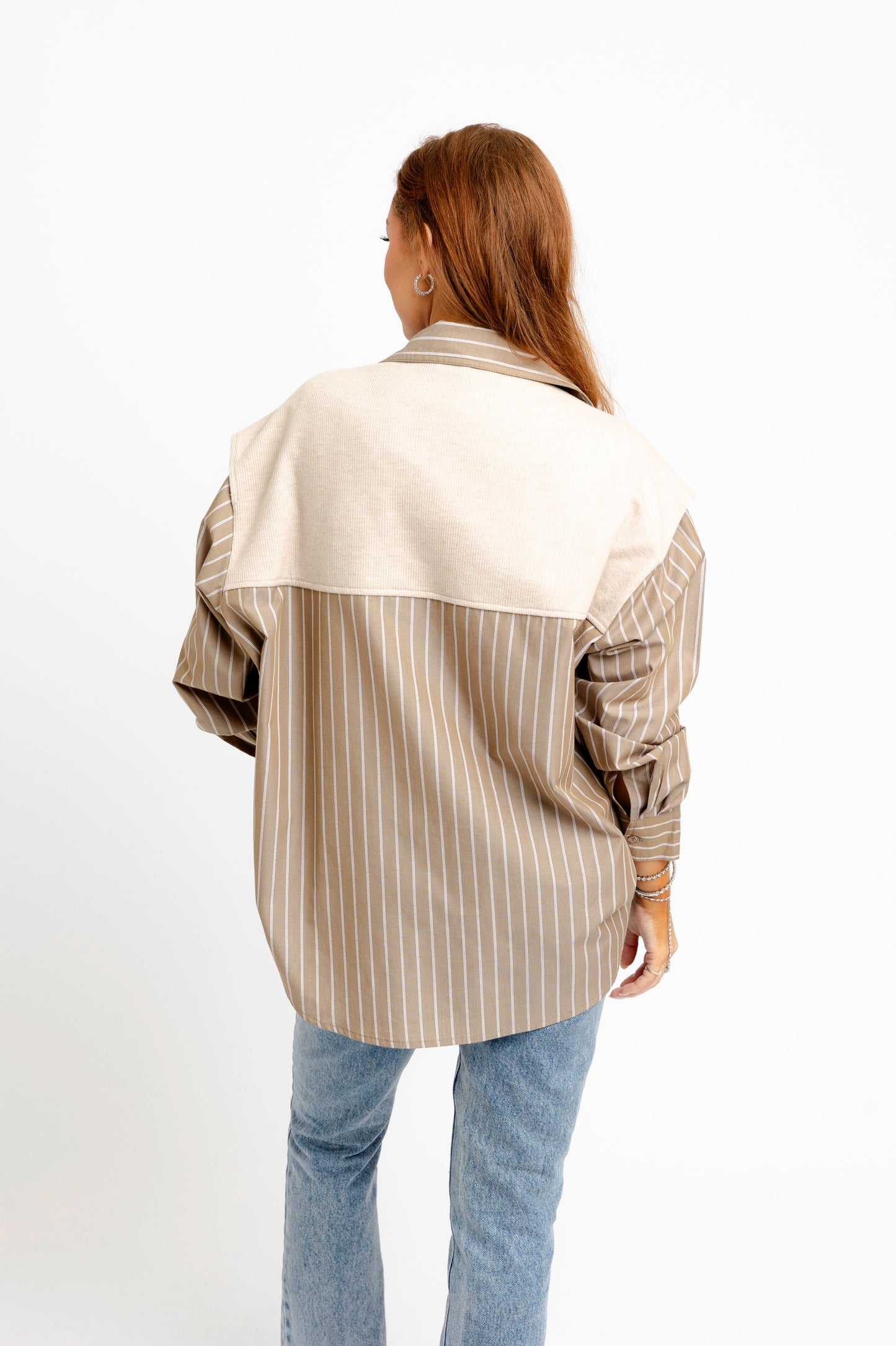 Karlie Striped Taupe Buttondown with Attached Sweater