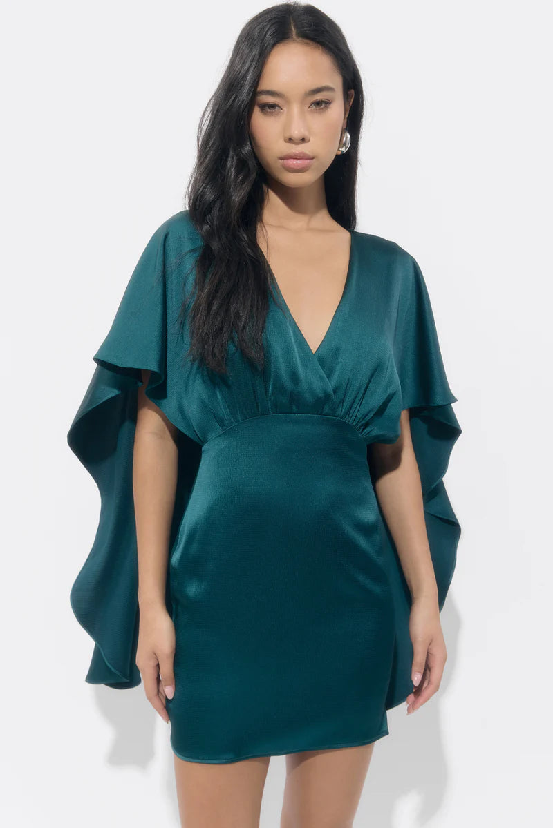 Adelyn Rae Aria Satin Cape Mini Dress in Dark Teal
