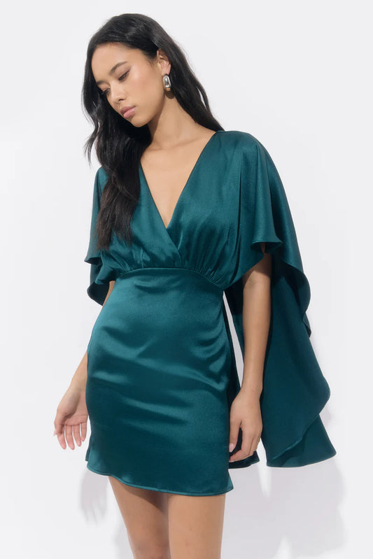 Adelyn Rae Aria Satin Cape Mini Dress in Dark Teal