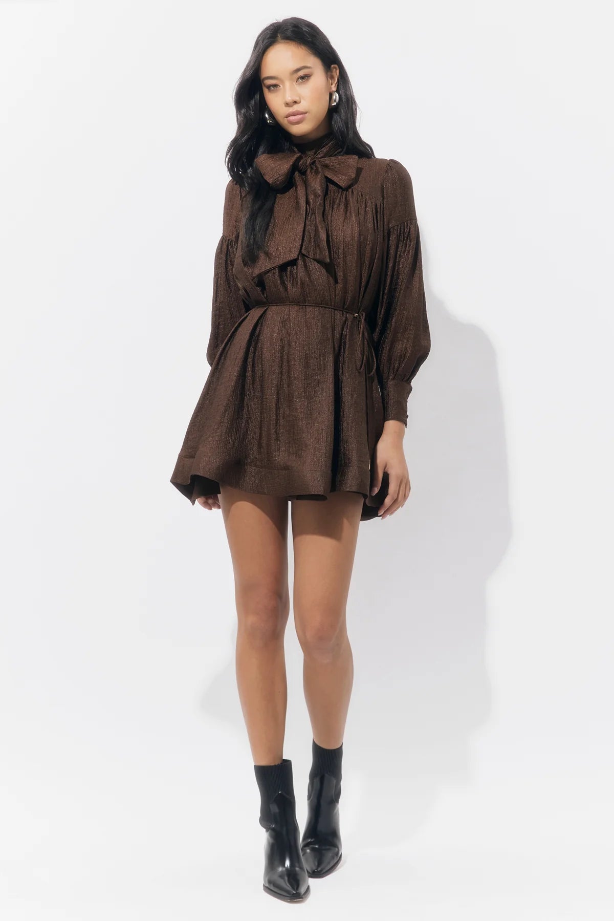 Adelyn Rae Daphne Bow Long Sleeve Dress in Chocolate