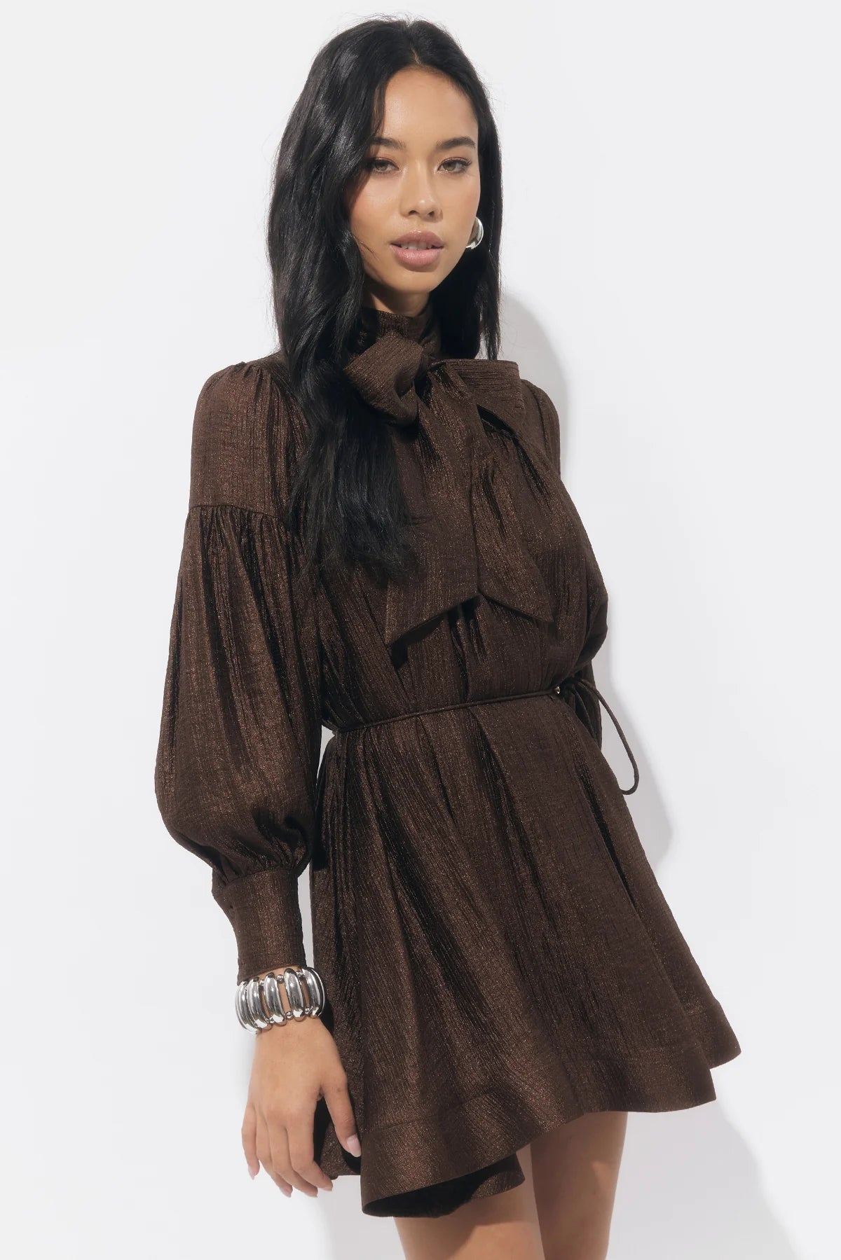 Adelyn Rae Daphne Bow Long Sleeve Dress in Chocolate