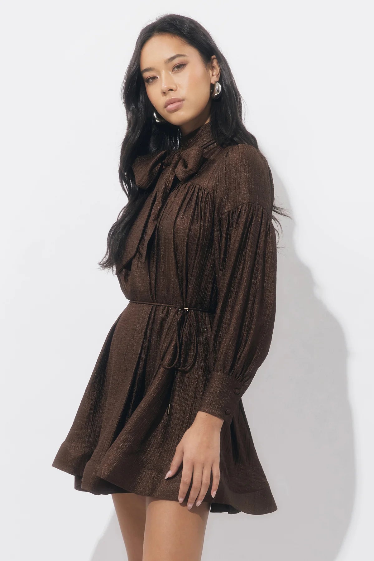 Adelyn Rae Daphne Bow Long Sleeve Dress in Chocolate