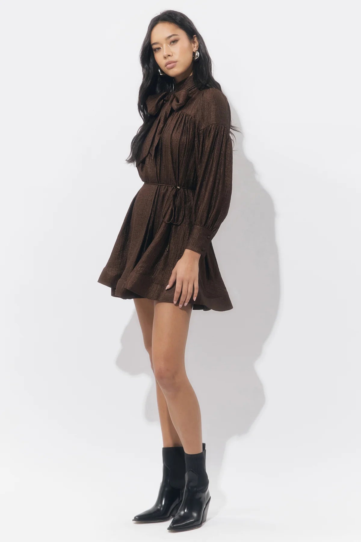 Adelyn Rae Daphne Bow Long Sleeve Dress in Chocolate