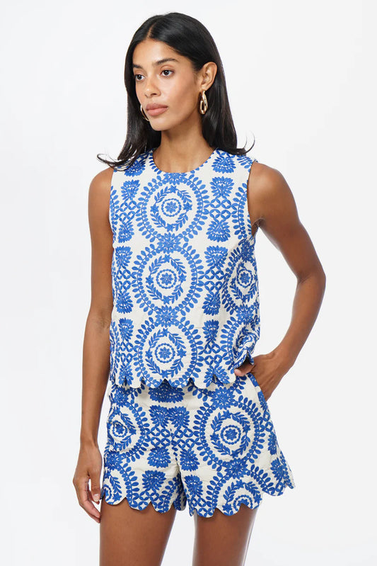 Adelyn Rae Joanne Scalloped Embrodiered Shorts in Blue