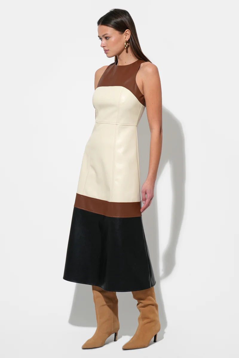 Adelyn Rae Caspia Vegan Leather Color Block Dress in Brown Multi