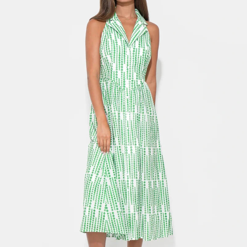 Adelyn Rae Ruby Halter Embroidered Midi Dress in Green/White