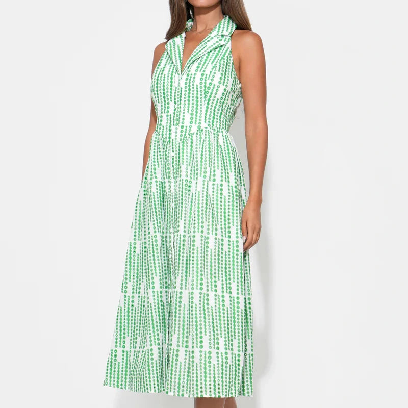 Adelyn Rae Ruby Halter Embroidered Midi Dress in Green/White