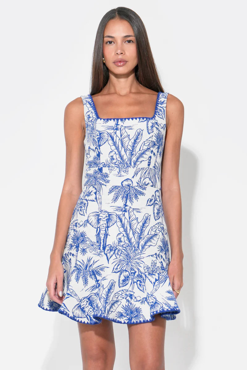 Adelyn Rae Ximena Square Neck Jacquard Mini Dress in Blue/White
