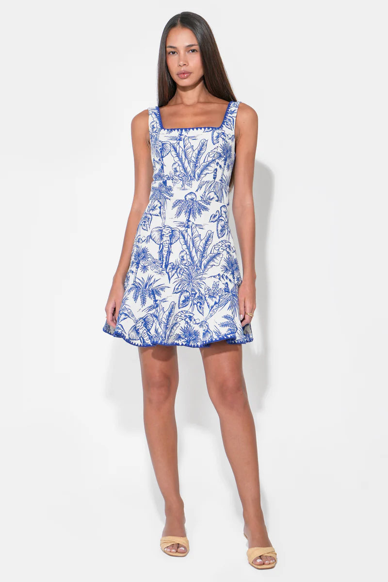 Adelyn Rae Ximena Square Neck Jacquard Mini Dress in Blue/White