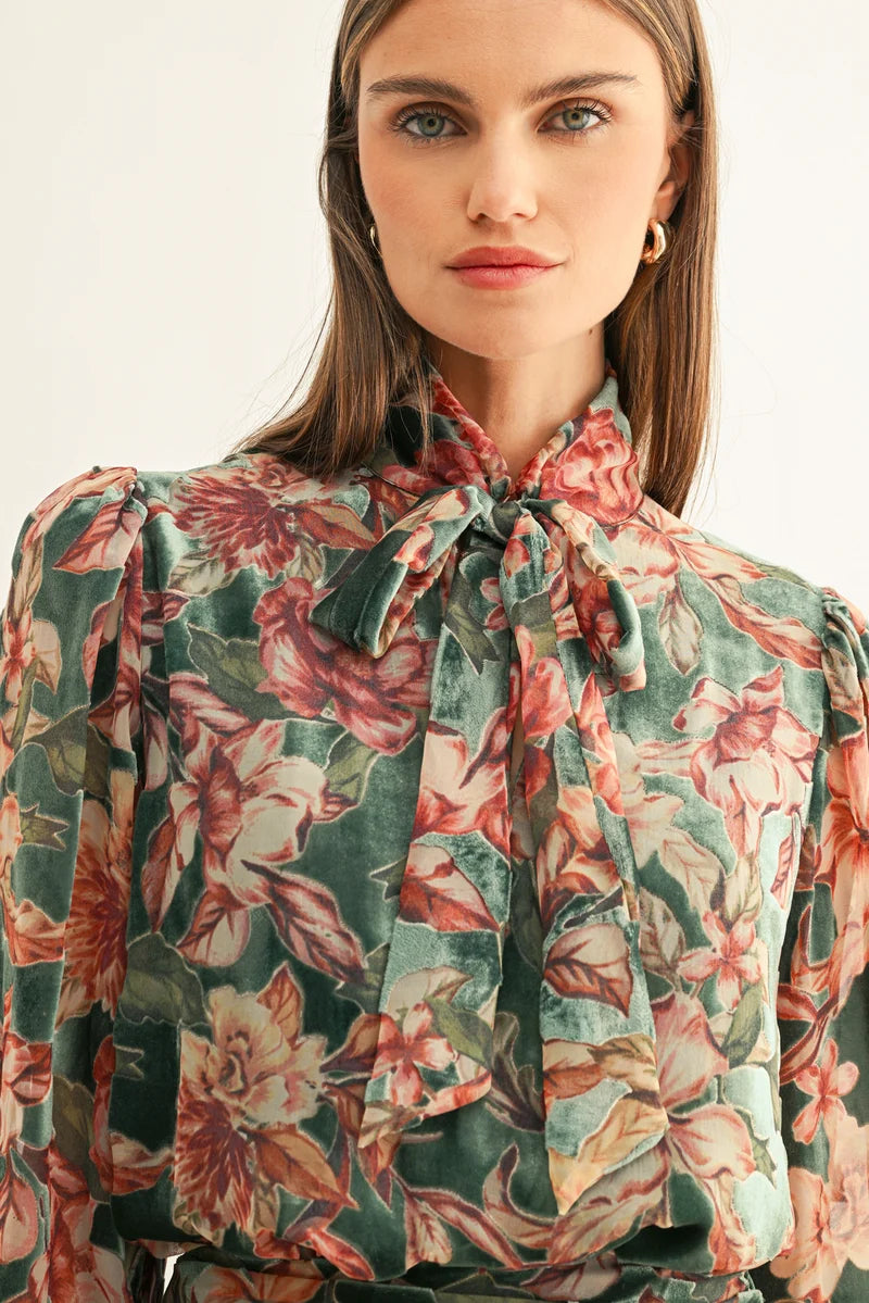 Adelyn Rae Scarlette Velvet Tie Neck Blouse in Teal Multi