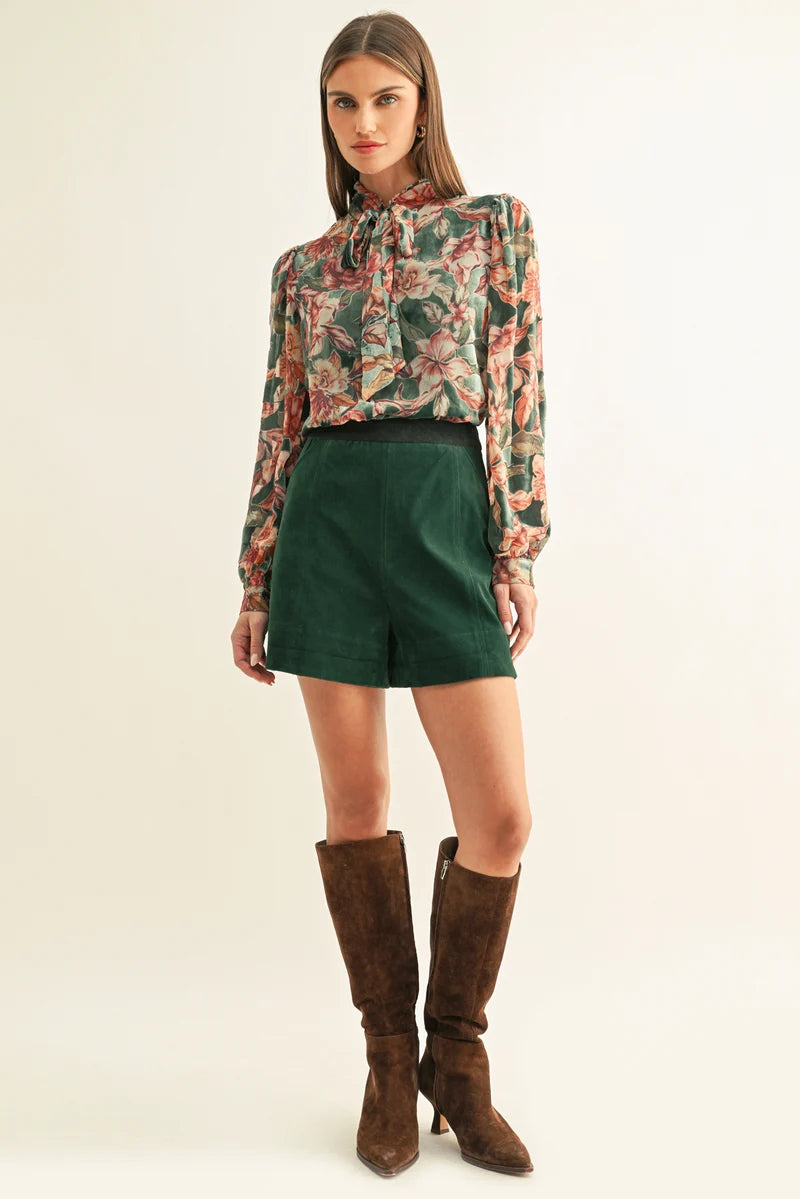 Adelyn Rae Scarlette Velvet Tie Neck Blouse in Teal Multi