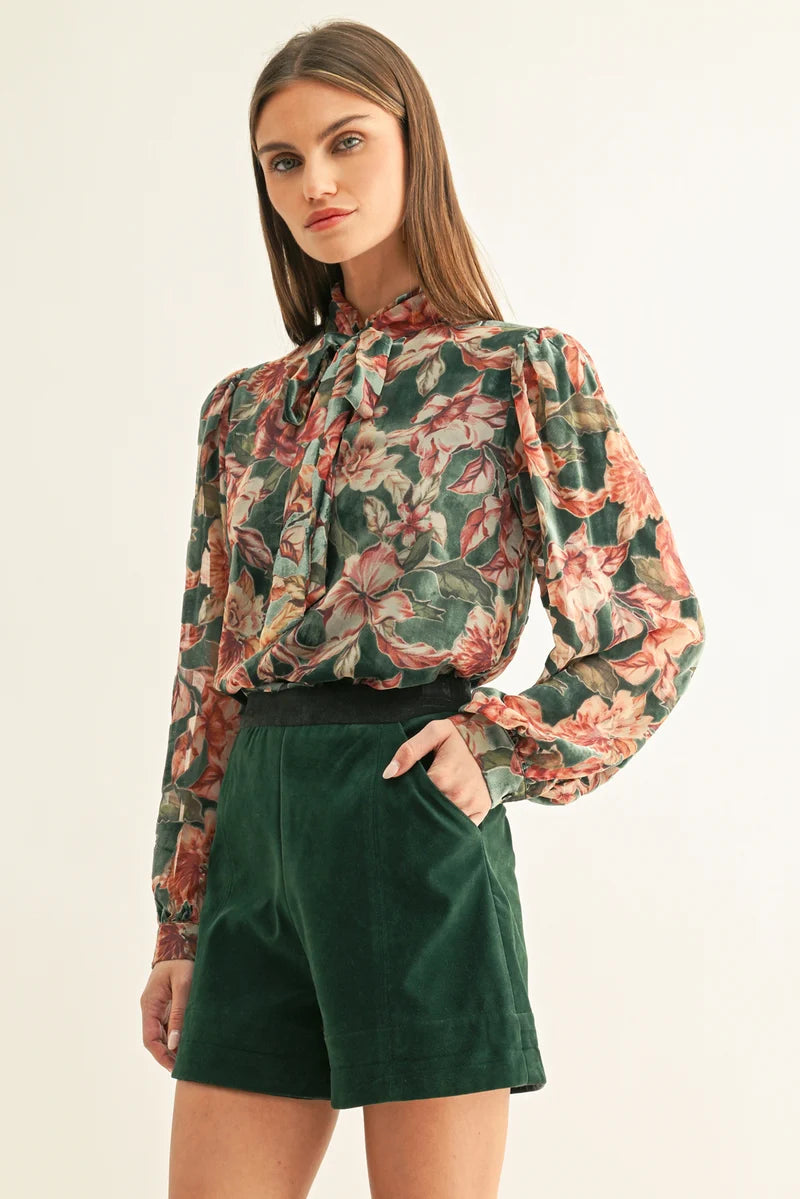 Adelyn Rae Scarlette Velvet Tie Neck Blouse in Teal Multi