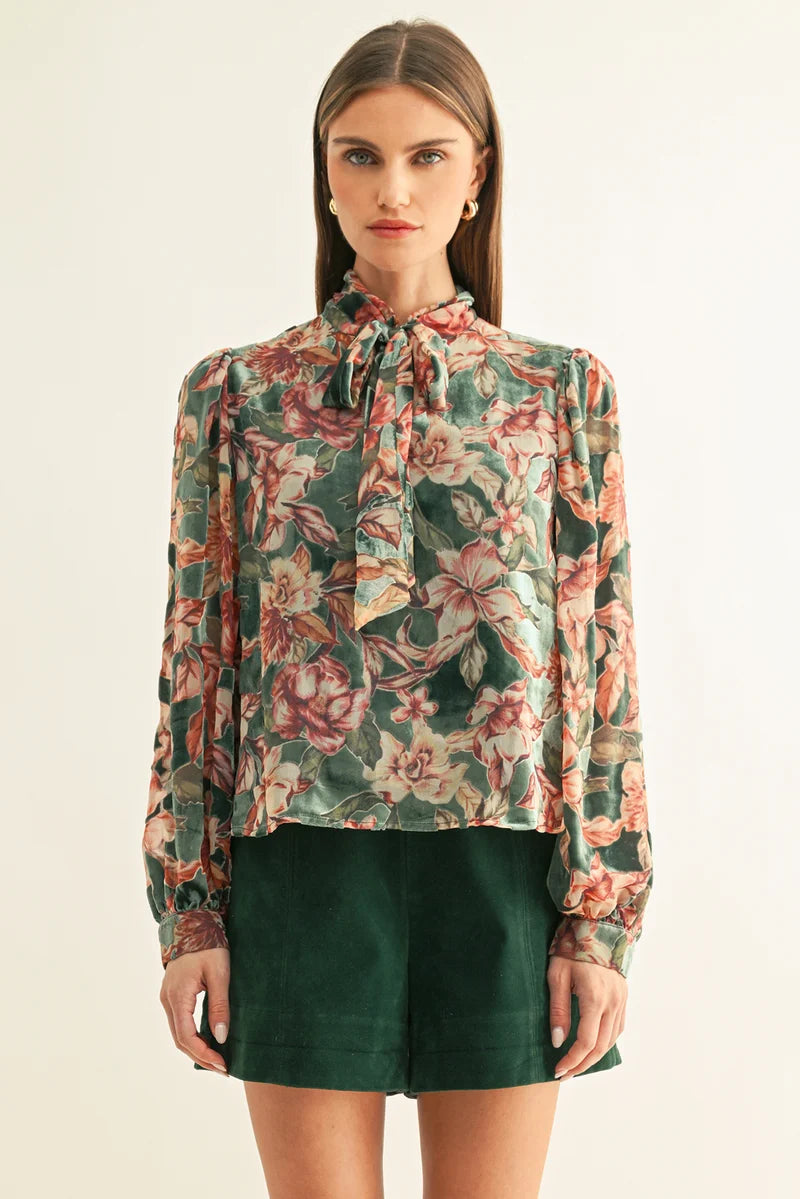Adelyn Rae Scarlette Velvet Tie Neck Blouse in Teal Multi