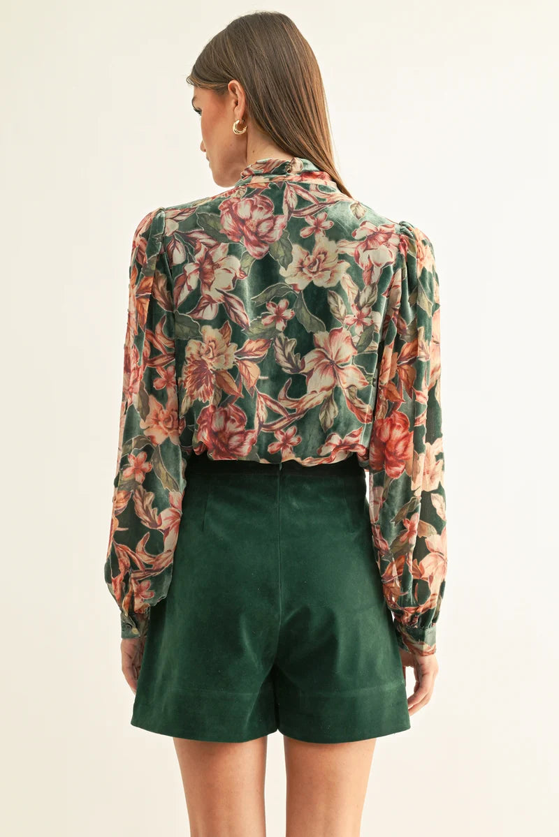 Adelyn Rae Scarlette Velvet Tie Neck Blouse in Teal Multi