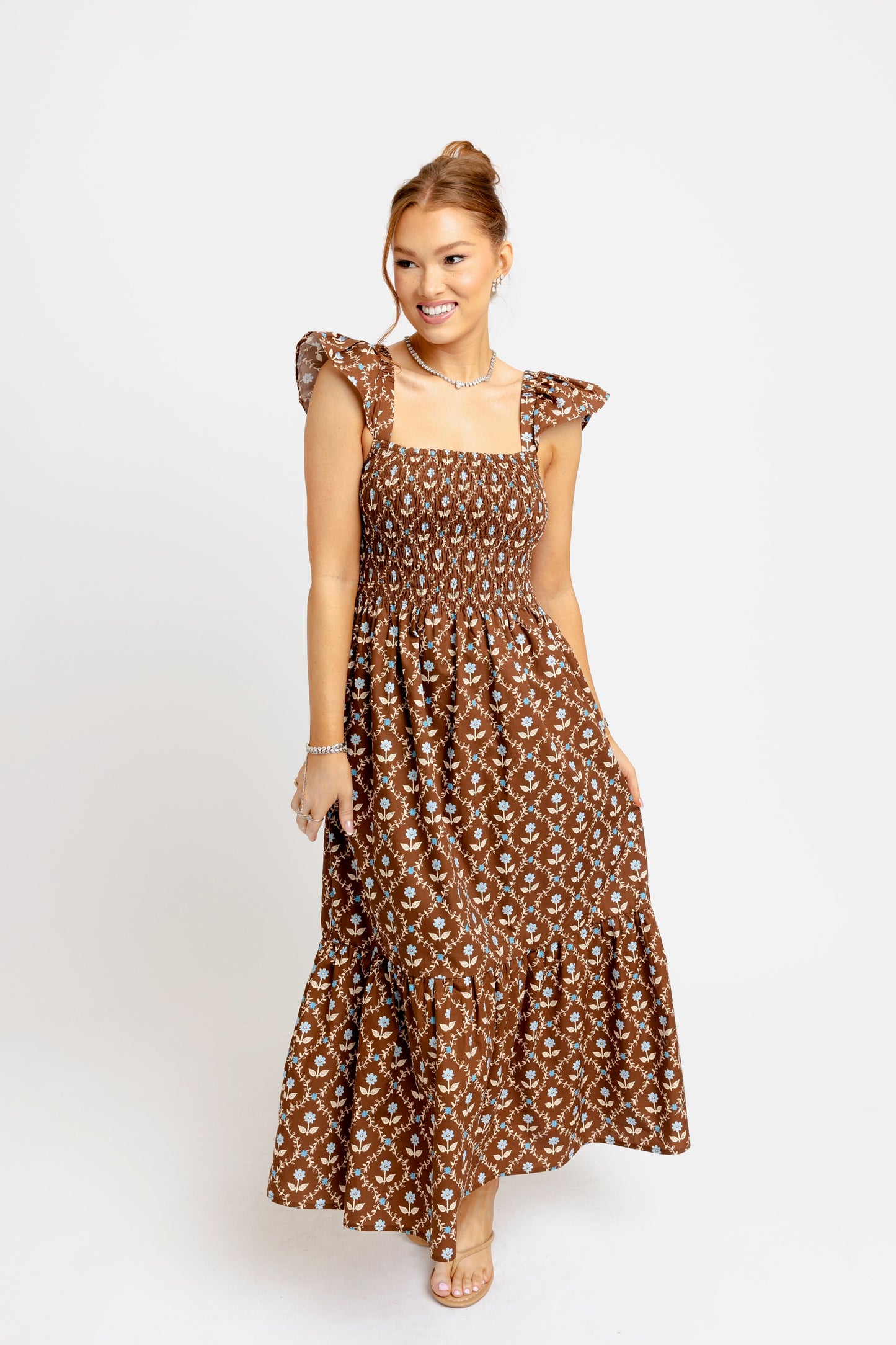 Karlie Floral Smocked Tiered Dress in Chocolate